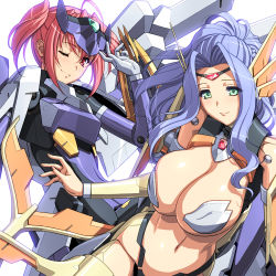 Rule 34 | 10s, 2girls, blue hair, blush, breasts, busou shinki, cleavage, eukrante, eyebrows, fingernails, green eyes, headband, headgear, ianeira, large breasts, lips, long fingernails, looking at viewer, magaki ryouta, mecha musume, mechanical wings, multiple girls, navel, one eye closed, pink hair, red eyes, stomach, twintails, upper body, white background, wings