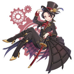 Rule 34 | 10s, 1boy, adapted costume, boots, brown hair, ascot, earrings, gears, hat, high heel boots, high heels, jewelry, kashuu kiyomitsu, katana, crossed legs, male focus, mole, mole under mouth, nail polish, nightcat, ponytail, red eyes, red nails, smile, solo, steampunk, sword, top hat, touken ranbu, weapon