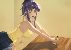 Rule 34 | 1girl, alcohol, bare legs, bare shoulders, beer, beer can, bent over, blush, breasts, can, casual, drink can, drunk, fadingz, hanging breasts, high ponytail, katsuragi misato, long hair, looking at viewer, neon genesis evangelion, ponytail, purple hair, shirt, shorts, sideboob, sidelocks, signature, solo, table, tank top, wide hips, yellow eyes, yellow shirt