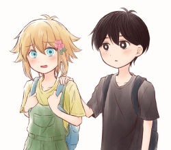 2boys aged_down backpack bag basil_(faraway)_(omori) basil_(omori) black_eyes black_hair black_shirt blonde_hair blue_eyes blush bright_pupils collarbone flower green_overalls green_shirt hair_flower hair_ornament highres looking_at_another looking_at_viewer male_focus multiple_boys omori open_mouth overalls parted_lips segue5o shirt short_hair short_sleeves simple_background smile sunny_(omori) t-shirt white_background white_pupils