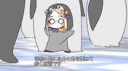 Rule 34 | 1girl, 1koma, abigail williams (fate), animal costume, animal hood, bird, black bow, blonde hair, blush, bow, comic, commentary request, fate/grand order, fate (series), hair bow, hood, ice, o o, orange bow, pancake abby, parody, parted bangs, penguin, penguin costume, penguin hood, solo, translated