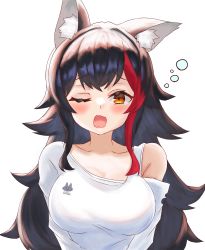 Rule 34 | 1girl, absurdres, animal ear fluff, animal ears, artist request, black hair, blush, breasts, cleavage, collarbone, highres, hololive, large breasts, long hair, multicolored hair, off shoulder, one eye closed, ookami mio, ookami mio (casual), open mouth, red hair, simple background, solo, streaked hair, tears, two-tone hair, very long hair, virtual youtuber, white background, wolf ears, wolf girl, yellow eyes