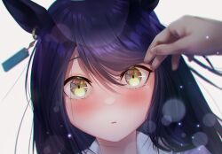 Rule 34 | 1girl, 1other, absurdres, animal ears, black hair, blush, earrings, highres, horse ears, jewelry, lens flare, long hair, looking at viewer, manhattan cafe (umamusume), out of frame, parted lips, portal (object), reo-illust4696, shirt, single earring, solo, straight-on, umamusume, yellow eyes