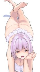 Rule 34 | 1girl, ass, barefoot, bikini, breasts, cleavage, feet, gridman universe, head rest, highres, hori shin, lower teeth only, lying, medium breasts, on stomach, open mouth, orange eyes, purple hair, shadow, shinjou akane, short hair, simple background, soles, solo, ssss.gridman, swimsuit, teeth, the pose, thighs, toes, white background