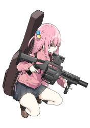 Rule 34 | 1girl, black skirt, blue eyes, bocchi the rock!, cube hair ornament, goddess of victory: nikke, gotoh hitori, grey skirt, guitar case, gun, hair ornament, highres, holding, holding gun, holding weapon, instrument case, jacket, long hair, pink hair, pink jacket, pleated skirt, simple background, skirt, sky-freedom, solo, squatting, thighs, track jacket, track suit, weapon, white background