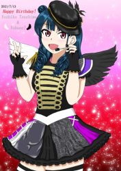 Rule 34 | 1girl, artist name, artist request, asymmetrical wings, band uniform, belt, black feathers, black gloves, black hat, black nail polish, black nails, black shirt, black skirt, black wings, blue hair, blush, breasts, collared shirt, epaulettes, feathers, female focus, fingerless gloves, frilled sleeves, frills, gloves, hair bun, hair over shoulder, hat, headphones, highres, in the unstabe world, in the unstabe world (love live!), long hair, looking at viewer, love live!, love live! school idol festival, love live! sunshine!!, microphone, mini hat, miniskirt, mismatched wings, nail, nail polish, parted lips, pink eyes, plaid, plaid skirt, pleated, pleated skirt, purple eyes, purple skirt, shirt, short sleeves, shoulder pads, side bun, single hair bun, skirt, small breasts, smile, solo, tsushima yoshiko, white belt, white feathers, white wings, wings