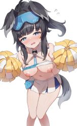 Rule 34 | 1girl, absurdres, animal ears, bad id, bad pixiv id, black eyes, blue archive, blue eyes, blush, breasts, breasts out, bright pupils, cheerleader, crop top, dog ears, dog girl, dog tail, feet out of frame, goggles, goggles on head, hibiki (blue archive), hibiki (cheer squad) (blue archive), highres, holding, holding pom poms, jag ging, leaning forward, looking at viewer, medium breasts, millennium cheerleader outfit (blue archive), miniskirt, nipples, open mouth, pom pom (cheerleading), pom poms, side ponytail, simple background, skirt, solo, tail, white background