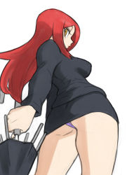 Rule 34 | 1girl, ass, breasts, cowboy shot, from behind, highres, holding, holding umbrella, large breasts, long hair, looking back, panties, parasoul (skullgirls), red hair, skirt, skullgirls, solo, sweater, toshinoshin, turtleneck, turtleneck sweater, umbrella, underwear, upskirt, white background, yellow eyes