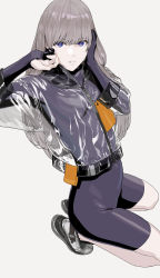 Rule 34 | 1girl, absurdres, black bodysuit, blue eyes, bodysuit, bodysuit under clothes, grey hair, hand on own head, highres, jacket, long hair, original, see-through, see-through jacket, shoes, simple background, solo, squatting, tanaka hirotaka, white background