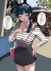 Rule 34 | 1girl, absurdres, alternate hairstyle, animal ears, bag, black skirt, blue hair, blush, closed eyes, commentary request, dark blue hair, fake animal ears, flying sweatdrops, hand on own hip, highres, long hair, long sleeves, love live!, love live! sunshine!!, low ponytail, open mouth, outdoors, pink bag, rabbit ears, shirt, skirt, striped clothes, striped shirt, sumireneko1231, sweatdrop, talking, translated, tsushima yoshiko, white shirt