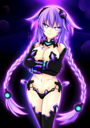 Rule 34 | 1girl, absurdres, artist name, aura, bare shoulders, blue eyes, braid, breast tattoo, breasts, cleavage, crossed arms, cundodeviant, dark aura, dark persona, elbow gloves, evil smile, gloves, glowing, glowing eyes, headgear, highres, large breasts, long hair, looking at viewer, micro bra, navel, nepnep connect: chaos chanpuru, neptune (series), purple hair, purple heart (neptunia), purple heart (chaos form), smile, solo, tattoo, thighhighs, twin braids, twintails, very long hair