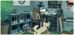 Rule 34 | 1girl, a tribe called quest, animal, animated, animated gif, blue hair, border, chair, computer, desk, dog, headphones, instrument, j dilla, keyboard (instrument), motocross saito, original, phonograph, pixel art, plant, poster (medium), potted plant, record, short hair, sitting, speaker, tail, tail wagging, turntable, white border