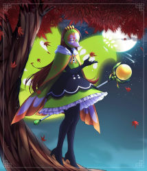 Rule 34 | 1girl, absurdres, autumn leaves, bird, bird mask, black footwear, black gloves, black pantyhose, brown hair, cape, catching, commentary, covered face, elbow gloves, english commentary, explosive, falling leaves, full body, full moon, gloves, green cape, grenade, high heels, highres, holding, holding staff, hood, hood down, hooded cape, in tree, leaf, long hair, mask, masketeers: idle has fallen, moon, nightingale (masketeers), orb, outdoors, outstretched arm, pantyhose, reaching, rourouki, second-party source, shooting star, sky, solo, staff, standing, star (sky), starry sky, tree, under tree, very long hair