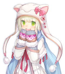 Rule 34 | 1girl, animal ears, animal hat, animal hood, blue scarf, blush, bow, cat ears, green eyes, happy, hat, heart, highres, hood, mittens, momoiro taisen pairon, namaru (summer dandy), open mouth, original, scarf, short hair, simple background, smile, solo, striped clothes, striped scarf, twintails, white background, white hair, winter clothes