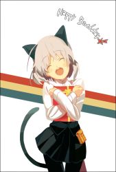 Rule 34 | 00s, 1girl, animal ears, bad id, bad pixiv id, black pantyhose, blush, cat ears, cat tail, closed eyes, gift, happy birthday, holding, holding gift, omi (pixiv), pantyhose, sanya v. litvyak, short hair, silver hair, smile, solo, strike witches, tail, uniform, world witches series