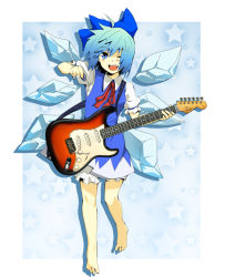 Rule 34 | 1girl, ahoge, atsumi haru, barefoot, blue background, blue eyes, blue hair, bow, cirno, dress, electric guitar, full body, guitar, hair bow, holding, holding plectrum, instrument, matching hair/eyes, one eye closed, open mouth, outside border, pinafore dress, plectrum, sleeveless, sleeveless dress, smile, solo, touhou, wink