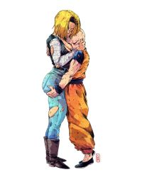 Rule 34 | 1boy, 1girl, android 18, ass, ass grab, ass support, bald, between breasts, black footwear, blonde hair, boots, breast smother, breasts, brown footwear, commentary, couple, cowboy boots, denim, dirty, dirty clothes, dougi, dragon ball, dragonball z, english commentary, face to breasts, flats, french commentary, head between breasts, height difference, highres, hug, jeans, kuririn, medium breasts, mixed-language commentary, no bra, pants, parted hair, prince rours, tiptoes, torn clothes, torn jeans, torn pants, torn sleeves