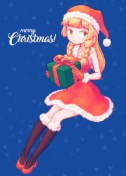 Rule 34 | 1girl, adapted costume, bare arms, black socks, blonde hair, braid, christmas, closed mouth, collarbone, collared dress, creatures (company), dress, fur trim, game freak, gift, gloves, green eyes, hat, holding, kneehighs, lillie (pokemon), long hair, makaroll, merry christmas, nintendo, pokemon, pokemon sm, red dress, red footwear, red gloves, red hat, santa costume, santa hat, shoes, sleeveless, sleeveless dress, smile, socks, solo, sundress, twin braids