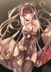 Rule 34 | 1girl, black gloves, black thighhighs, blush, breasts, brown eyes, brown hair, china dress, chinese clothes, double bun, dress, elbow gloves, garter straps, gloves, hair bun, highres, long hair, looking at viewer, open mouth, smile, solo, thighhighs, twintails, very long hair, yumemi (kiowa)