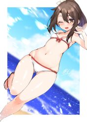 Rule 34 | 1girl, bikini, blue sky, breasts, brown eyes, brown hair, cloud, commentary request, day, dutch angle, feet out of frame, gluteal fold, groin, highres, kantai collection, long hair, looking at viewer, lowleg, lowleg bikini, navel, outdoors, ponytail, running, sandals, sidelocks, sky, small breasts, smile, solo, swimsuit, white bikini, zarashi, zuihou (kancolle)