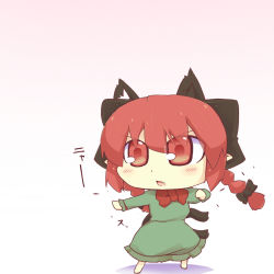 Rule 34 | 1girl, animal ears, blush stickers, bow, bowtie, braid, cat ears, cat girl, cat tail, chibi, dress, extra ears, fang, female focus, fighting stance, gradient background, hair bow, hazuki ruu, kaenbyou rin, multiple tails, open mouth, red eyes, red hair, shadow, simple background, solo, tail, touhou, white background