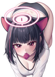 Rule 34 | 1girl, absurdres, animal ears, ass, black hair, black panties, blue archive, blush, breasts, cat ears, cleavage, closed mouth, collarbone, colored inner hair, condom, condom wrapper, extra ears, hair ornament, hairclip, halo, highres, kazusa (blue archive), large breasts, long sleeves, looking at viewer, metaljelly, mouth hold, multicolored hair, panties, pink hair, pink halo, red eyes, shirt, short hair, simple background, solo, underwear, white background, white shirt