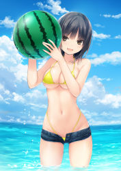 Rule 34 | 1girl, :d, aoyama sumika, ball, bare arms, bare shoulders, beachball, bikini, bikini under clothes, black hair, blue shorts, blue sky, blush, breasts, brown eyes, cleavage, cloud, cloudy sky, coffee-kizoku, collarbone, commentary request, cowboy shot, day, food, fruit, groin, hair between eyes, hands up, highleg, highleg bikini, highres, holding, holding ball, holding food, holding fruit, horizon, looking at viewer, medium breasts, micro shorts, navel, ocean, open clothes, open fly, open mouth, open shorts, original, outdoors, partially submerged, short hair, short shorts, shorts, sky, smile, solo, sparkle, standing, swimsuit, wading, water, watermelon, wet, yellow bikini, yellow eyes