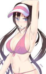 Rule 34 | 1girl, arm behind head, arm up, armpits, bad id, bad pixiv id, bikini, blue eyes, blush, breasts, breath, brown hair, cleavage, covered erect nipples, creatures (company), double bun, game freak, hair bun, half-closed eyes, heavy breathing, large breasts, long hair, looking to the side, md5 mismatch, navel, nintendo, open mouth, pink bikini, pink lips, pokemon, pokemon bw2, rosa (pokemon), sideboob, simple background, solo, stomach, sweat, swimsuit, torriet, twintails, visor cap, white background