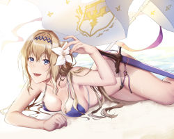 Rule 34 | 1girl, banner, beach, bikini, blonde hair, blue bikini, blue eyes, breasts, cleavage, day, flower, granblue fantasy, hair between eyes, hair flower, hair ornament, hairband, hibiscus, highres, jeanne d&#039;arc (granblue fantasy), long hair, lying, marshmelon puni, medium breasts, on stomach, outdoors, sheath, sheathed, shiny skin, sideboob, simple background, solo, swimsuit, sword, weapon, wet, white background, white flower