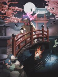 Rule 34 | architecture, bridge, cherry blossoms, chi-yu (pokemon), closed mouth, creatures (company), cyndaquil, east asian architecture, full moon, game freak, gen 2 pokemon, highres, hisuian typhlosion, holding, holding lantern, lantern, looking at viewer, moon, night, nintendo, no humans, outdoors, pokemon, pokemon (creature), reo (mmocc123), ripples, simple bird, standing, tree, typhlosion