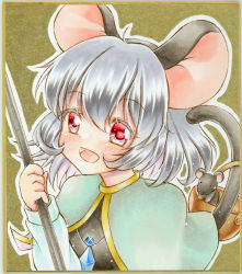 Rule 34 | 1girl, amulet, animal ears, arm up, basket, black shirt, blue capelet, blush, capelet, commentary request, graphite (medium), hair between eyes, highres, holding rod, looking at viewer, marker (medium), medium hair, mouse (animal), mouse ears, mouse girl, mouse tail, nazrin, nekofish666, open mouth, red eyes, shirt, silver hair, solo, tail, touhou, traditional media