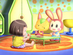 Rule 34 | 3girls, alcyoneax, animal crossing, barefoot, black eyes, blue shirt, blush stickers, brown eyes, brown hair, bunnie (animal crossing), rabbit, card, cheating (competitive), child, door, indoors, multiple girls, nintendo, playing card, shirt, short hair, sitting, skirt, table, tangy (animal crossing), villager (animal crossing), yellow shirt
