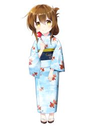 Rule 34 | 10s, 1girl, alternate costume, bell (oppore coppore), brown eyes, brown hair, candy apple, folded ponytail, highres, inazuma (kancolle), japanese clothes, jewelry, kantai collection, kimono, long hair, ring, simple background, smile, solo, wedding band, yukata