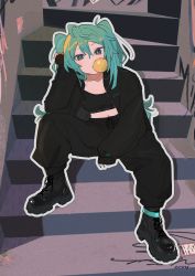 Rule 34 | 1girl, aqua eyes, aqua hair, bead necklace, beads, black pants, boots, chewing gum, copyright notice, hassan (sink916), hatsune miku, highres, jewelry, midriff, navel, necklace, pants, solo, stairs, twintails, vocaloid