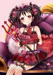 Rule 34 | 10s, 1girl, :q, black hair, blush, bow, demon tail, demon wings, fishnet thighhighs, fishnets, floral print, flower, garter straps, gloves, hair bow, hair flower, hair ornament, happy birthday, index finger raised, long hair, love live!, love live! school idol festival, love live! school idol project, pink flower, pink rose, polearm, polka dot, polka dot bow, purple flower, purple rose, red eyes, red flower, red rose, revision, rose, sakura hiyori, simple background, sitting, solo, staff, tail, thighhighs, tiara, tongue, tongue out, trident, weapon, wings, yazawa nico