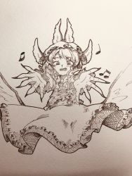 Rule 34 | 1girl, anderson m0311, animal ears, beamed eighth notes, bird ears, bird wings, blush, dress, eighth note, fingernails, frilled dress, frilled sleeves, frills, highres, long fingernails, long sleeves, monochrome, musical note, mystia lorelei, one-hour drawing challenge, open mouth, quarter note, sharp fingernails, short hair, smile, solo, touhou, traditional media, winged hat, wings