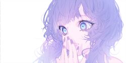 Rule 34 | 1girl, absurdres, bare shoulders, blue eyes, covering own mouth, highres, original, parted lips, portrait, purple hair, purple nails, rakugaki suruhito, short hair, simple background, solo, surprised, white background