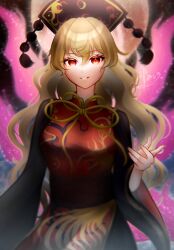 Rule 34 | 1girl, belt, black dress, black hat, black sky, blonde hair, breasts, brown belt, chinese clothes, crescent, crescent print, dress, energy, full moon, hair between eyes, hand up, hat, highres, junko (touhou), long hair, long sleeves, looking at viewer, mandarin collar, medium breasts, moon, neck ribbon, night, night sky, ocean, outdoors, phoenix crown, phoenix print, pom pom (clothes), red eyes, red tabard, ribbon, signature, sky, smile, solo, standing, sumishiro 8070, tabard, tassel, teeth, touhou, wavy hair, wide sleeves, yellow ribbon