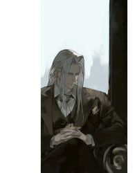 Rule 34 | 1boy, alternate costume, armrest, brown jacket, brown pants, brown suit, brown vest, collared shirt, commentary, crossed legs, day, final fantasy, final fantasy vii, formal, grey hair, hashtag-only commentary, highres, indoors, jacket, layered sleeves, light smile, long bangs, long hair, long sleeves, looking to the side, male focus, necktie, own hands together, pants, parted bangs, pocket square, sephiroth, shirt, sitting, slit pupils, smile, solo, suit, suit jacket, vest, white necktie, white shirt, window, xscr1205