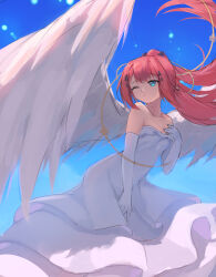 Rule 34 | 1girl, alternate costume, angel, angel wings, aqua eyes, bare shoulders, blue sky, closed mouth, collarbone, commentary, day, dress, elbow gloves, feet out of frame, floating hair, gloves, hair between eyes, hair ornament, hairclip, hand up, highres, kamiyama shiki, light particles, long dress, long hair, looking to the side, one eye closed, outdoors, ponytail, red hair, shiki hamaguri, sketch, sky, solo, strapless, strapless dress, summer pockets, tassel, tassel hair ornament, very long hair, white dress, white gloves, white wings, wings