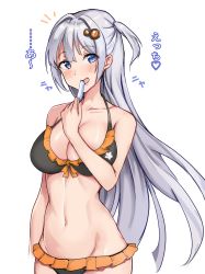 Rule 34 | 1girl, :d, ^^^, amagi (amagi626), arm at side, bare arms, bare shoulders, bikini, black bikini, blue eyes, blush, breasts, cleavage, collarbone, commentary request, cowboy shot, food, food in mouth, frilled bikini, frills, hair ornament, hand on own chest, highres, holding, holding food, kizuna akari, large breasts, long hair, looking at viewer, navel, one side up, open mouth, popsicle, silver hair, simple background, smile, solo, stomach, swimsuit, translation request, very long hair, voiceroid, white background