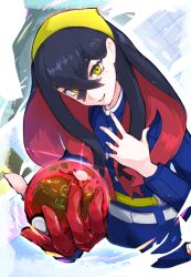 Rule 34 | 1girl, belt, belt buckle, black hair, blue jacket, blue pants, buckle, buttons, carmine (pokemon), commentary request, creatures (company), crossed bangs, game freak, gen 8 pokemon, gloves, hair between eyes, hairband, highres, holding, holding poke ball, jacket, long hair, long sleeves, looking at viewer, maato tac, mole, mole under eye, multicolored hair, nintendo, pants, parted lips, partially fingerless gloves, poke ball, poke ball (basic), pokemon, pokemon (creature), pokemon sv, polteageist, red gloves, red hair, single glove, smile, strap, two-tone hair, white belt, yellow eyes, yellow hairband