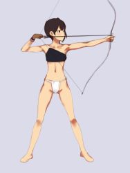 Rule 34 | 10s, 1girl, arrow (projectile), blush, bow (weapon), brown eyes, brown hair, drawing bow, fundoshi, gloves, holding, holding bow (weapon), holding weapon, japanese clothes, kaga (kancolle), kantai collection, muneate, myu-po, no pants, partially fingerless gloves, partly fingerless gloves, personification, short hair, side ponytail, solo, weapon, yugake