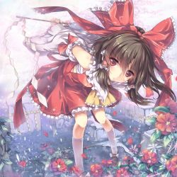 Rule 34 | 1girl, annoyed, arms behind back, ascot, bow, brown hair, detached sleeves, female focus, flower, frilled skirt, frills, gohei, hair bow, hair tubes, hakurei reimu, highres, japanese clothes, kneehighs, leaf, leaning forward, looking at viewer, miko, north abyssor, red eyes, sarashi, short hair, skirt, skirt set, socks, solo, touhou