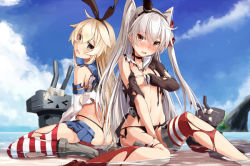 Rule 34 | 10s, 2girls, amatsukaze (kancolle), ass, bare shoulders, black panties, blonde hair, blurry, blush, breasts, brown dress, burnt clothes, cloud, covering breasts, covering privates, crop top, day, depth of field, dress, embarrassed, from behind, full body, hair between eyes, hairband, highleg, highleg panties, kantai collection, looking at viewer, multiple girls, ocean, open mouth, orange eyes, outdoors, panties, partially submerged, pleated skirt, red legwear, rensouhou-chan, rensouhou-kun, school uniform, serafuku, shimakaze (kancolle), short dress, silver hair, sitting, skirt, sky, small breasts, striped clothes, striped legwear, striped thighhighs, takanashie, thighhighs, thighs, thong, tongue, torn clothes, torn dress, torn legwear, two side up, underwear