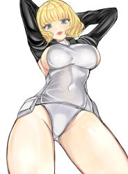 Rule 34 | 1girl, alternate costume, arms up, blonde hair, blue eyes, blunt bangs, blush, breasts, closed mouth, commentary, covered navel, cowboy shot, egghead island, from below, groin, highres, kasumi 6, large breasts, leotard, lips, lipstick, looking at viewer, makeup, one piece, red lips, short hair, shrug (clothing), sideboob, simple background, skin tight, smile, solo, standing, stussy (one piece), thighs, white background, white leotard