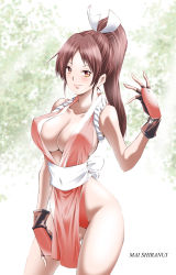Rule 34 | 1girl, breasts, brown hair, character name, dem (tamamoyaryu), fatal fury, large breasts, no bra, ponytail, shiranui mai, smile, snk, solo, the king of fighters