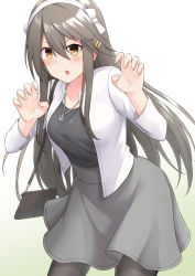 Rule 34 | 1girl, akahi242, bag, black hair, black pantyhose, blush, collarbone, cowboy shot, grey skirt, hair between eyes, hair ornament, hairband, hairclip, haruna (kancolle), highres, jacket, jewelry, kantai collection, long hair, long sleeves, necklace, official alternate costume, open mouth, pantyhose, shoulder bag, simple background, skirt, solo, white background, white hairband, white jacket, yellow eyes