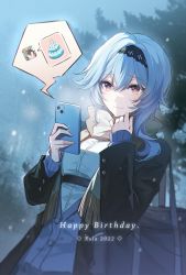 Rule 34 | 1girl, bag, blue hair, breasts, brown eyes, canon (aria), cellphone, coat, eula (genshin impact), eyebrows hidden by hair, genshin impact, hair between eyes, hairband, happy birthday, highres, holding, holding phone, long hair, looking at viewer, medium breasts, outdoors, phone, scarf, school bag, school uniform, smartphone, smile, snow, snowing, solo, tree, winter, winter clothes, winter uniform