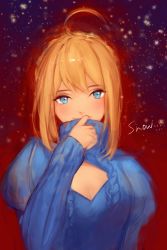 Rule 34 | 1girl, adapted costume, adjusting clothes, ahoge, alternate costume, artoria pendragon (all), artoria pendragon (fate), aura, blonde hair, blue eyes, blue sweater, blush, breasts, cleavage, cleavage cutout, closed mouth, clothing cutout, fate/stay night, fate (series), hair between eyes, hair bun, hand to own mouth, hand up, highres, hoojiro, juliet sleeves, long sleeves, looking at viewer, medium breasts, puffy sleeves, red background, saber (fate), short hair, sidelocks, silhouette, single hair bun, smile, snowflakes, solo, sweater, turtleneck, upper body, winter clothes